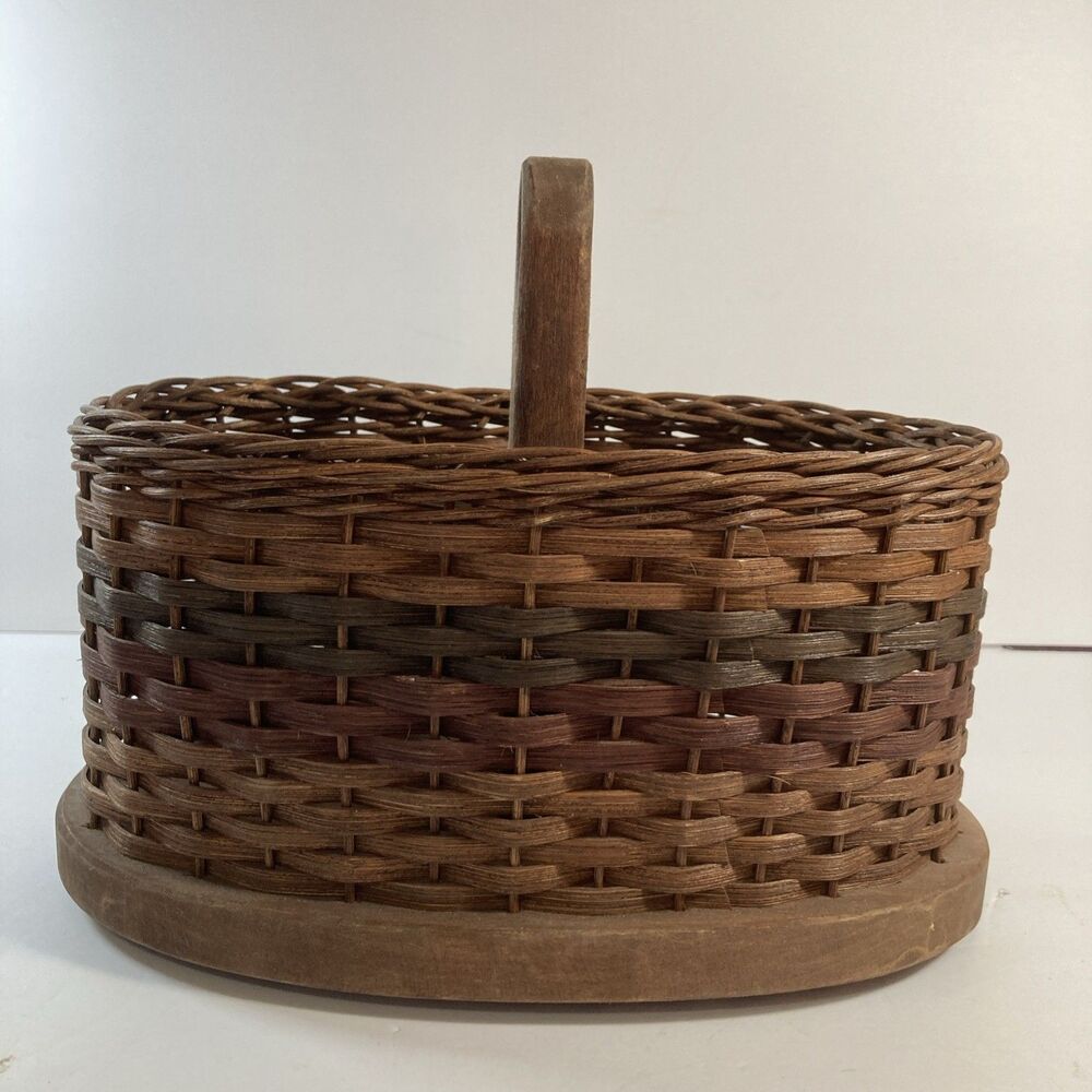 Vintage Basket Wood Staves, Wood Bottom And Handle Woven Sides Two Tone